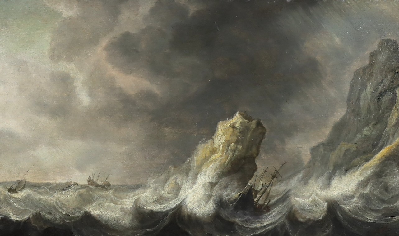 Jan Porcellis (Dutch, c.1584-1632), Shipping in stormy seas, oil on panel, 34 x 58cms.